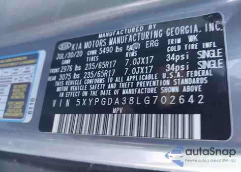 2020 Kia Sorento 2.4L Lx z USA, uszkodzony, nr VIN 5XYPGDA38LG702642